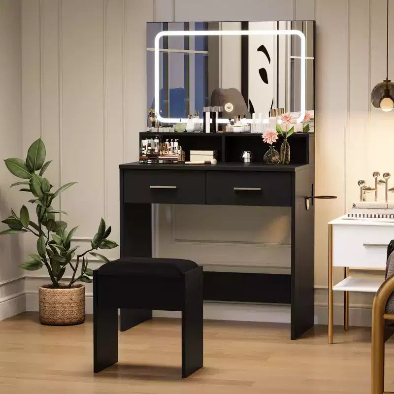 Coiffeuse avec miroir LED réglable 3 couleurs, petite table de maquillage avec prise de courant et 2 tiroirs, coiffeuse et tabouret rembourré pour chambre à coucher