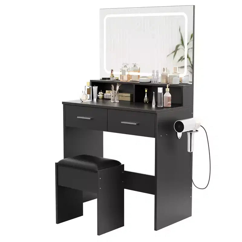 Coiffeuse avec miroir LED réglable 3 couleurs, petite table de maquillage avec prise de courant et 2 tiroirs, coiffeuse et tabouret rembourré pour chambre à coucher
