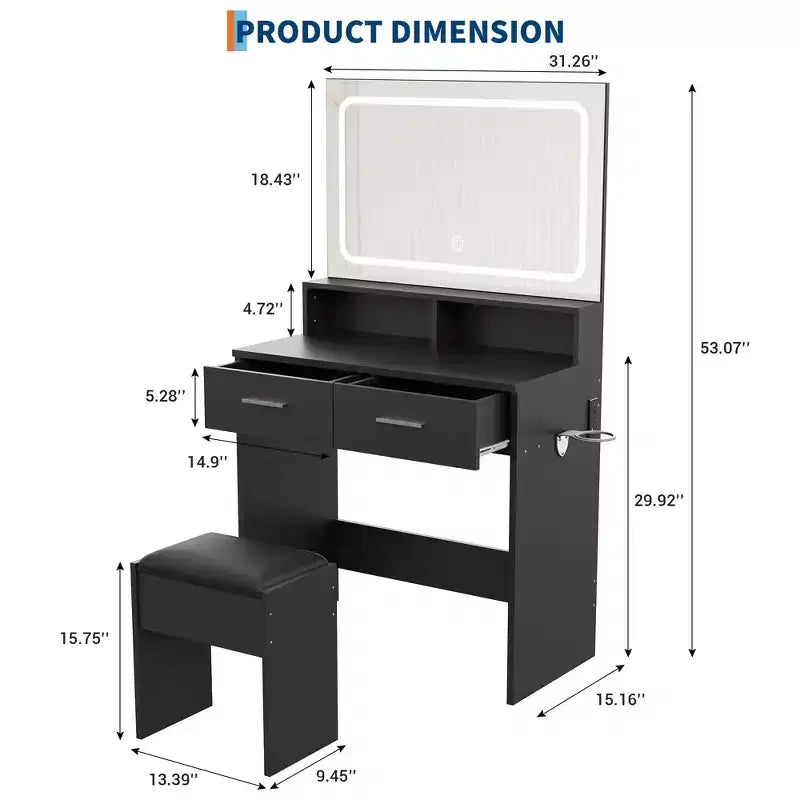 Coiffeuse avec miroir LED réglable 3 couleurs, petite table de maquillage avec prise de courant et 2 tiroirs, coiffeuse et tabouret rembourré pour chambre à coucher