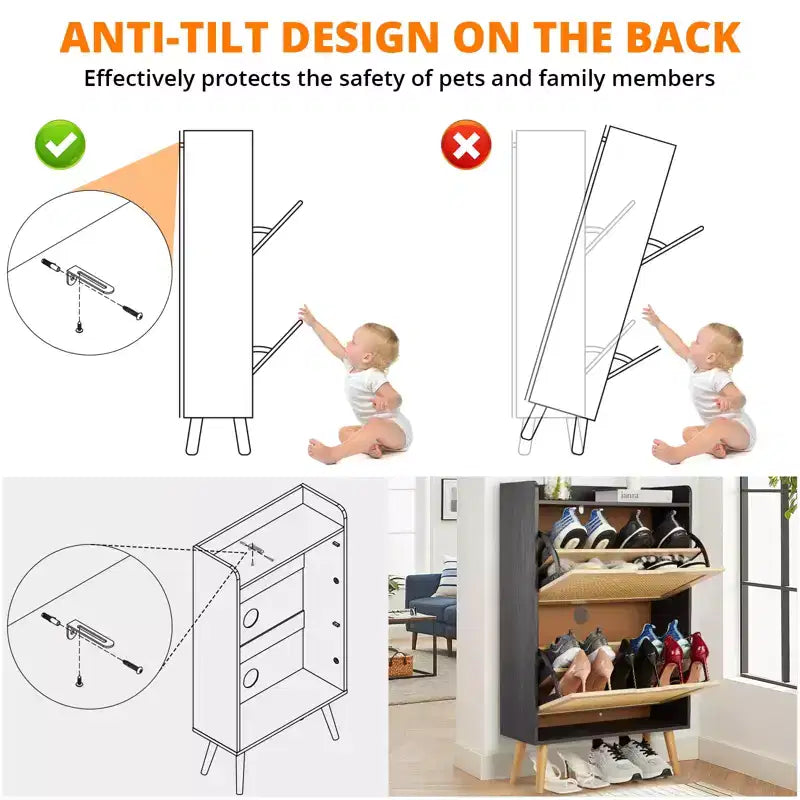 Meuble à chaussures dissimulable avec deux tiroirs pliables en osier, adapté aux couloirs ou aux passages, pouvant accueillir 12 à 15 paires de chaussures.