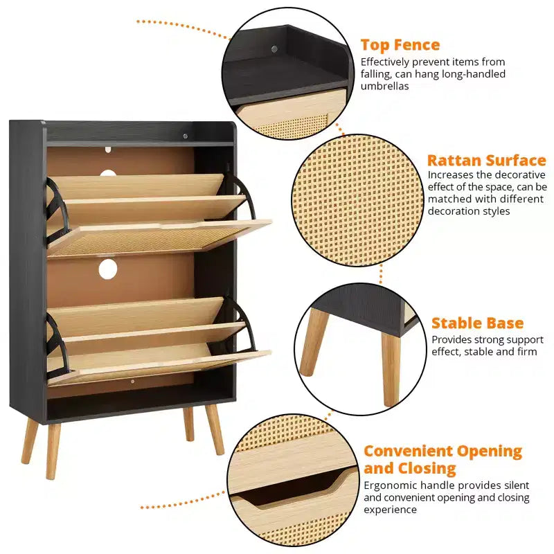 Meuble à chaussures dissimulable avec deux tiroirs pliables en osier, adapté aux couloirs ou aux passages, pouvant accueillir 12 à 15 paires de chaussures.