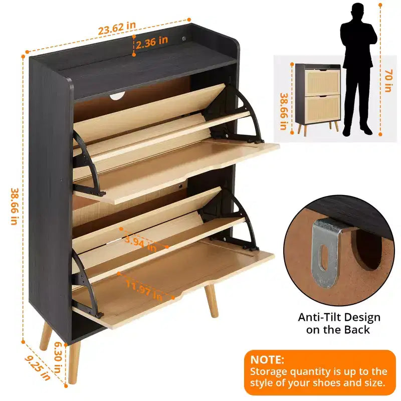 Meuble à chaussures dissimulable avec deux tiroirs pliables en osier, adapté aux couloirs ou aux passages, pouvant accueillir 12 à 15 paires de chaussures.