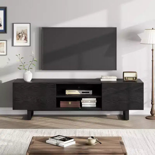 Meuble TV industriel de 80 pouces avec 2 tiroirs, Meuble TV en bois avec pieds robustes et rangements ouverts