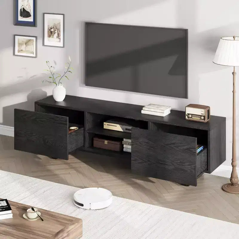 Meuble TV industriel de 80 pouces avec 2 tiroirs, Meuble TV en bois avec pieds robustes et rangements ouverts
