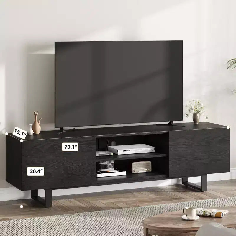 Meuble TV industriel de 80 pouces avec 2 tiroirs, Meuble TV en bois avec pieds robustes et rangements ouverts