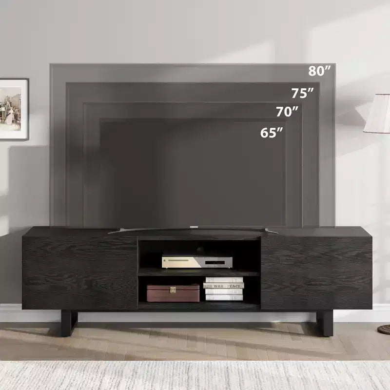 Meuble TV industriel de 80 pouces avec 2 tiroirs, Meuble TV en bois avec pieds robustes et rangements ouverts