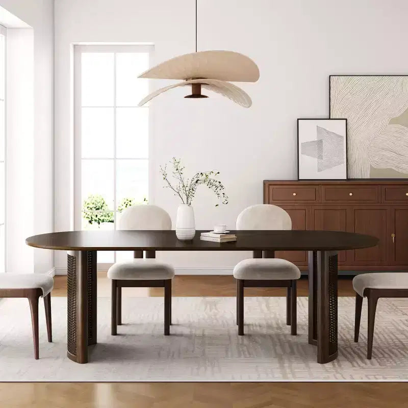 PexFix 67 Table à manger ovale pour 4-6 personnes avec plateau à bords incurvés et piètement en rotin tissé, table de cuisine moderne de style ferme pour salon et salle à manger, noyer
