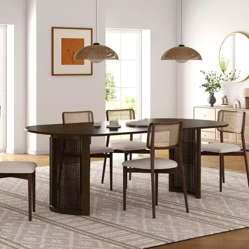 PexFix 67 Table à manger ovale pour 4-6 personnes avec plateau à bords incurvés et piètement en rotin tissé, table de cuisine moderne de style ferme pour salon et salle à manger, noyer