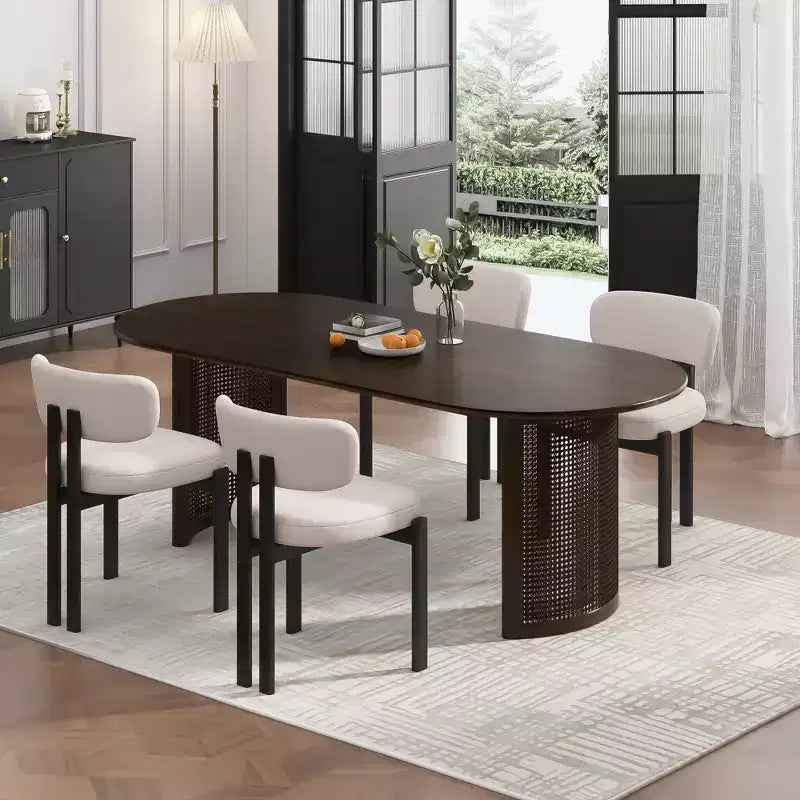 PexFix 67 Table à manger ovale pour 4-6 personnes avec plateau à bords incurvés et piètement en rotin tissé, table de cuisine moderne de style ferme pour salon et salle à manger, noyer