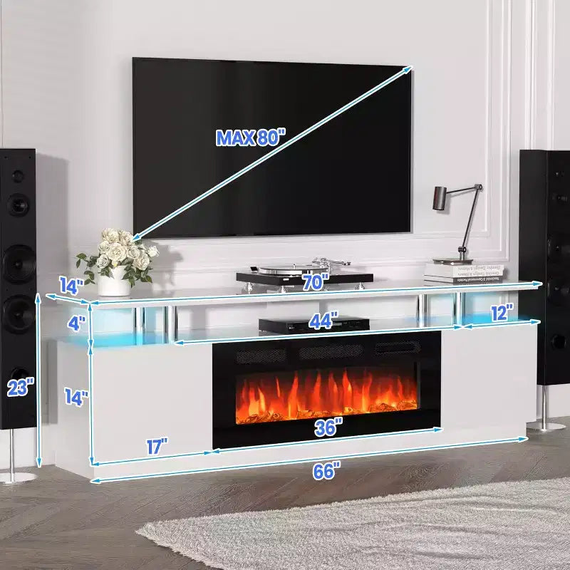 Meuble TV cheminée de 70 pouces avec cheminée électrique de 36 pouces et lumières LED, radiateur de cheminée électrique, meuble de rangement, table console média pour salon
