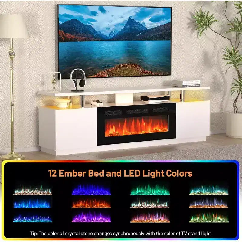 Meuble TV cheminée de 70 pouces avec cheminée électrique de 36 pouces et lumières LED, radiateur de cheminée électrique, meuble de rangement, table console média pour salon