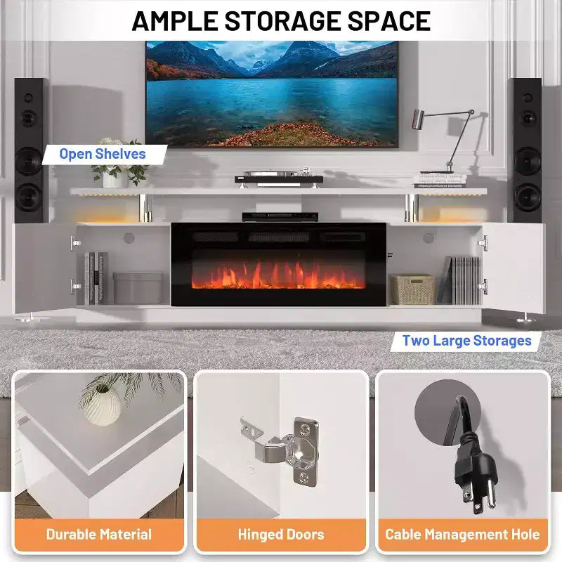 Meuble TV cheminée de 70 pouces avec cheminée électrique de 36 pouces et lumières LED, radiateur de cheminée électrique, meuble de rangement, table console média pour salon