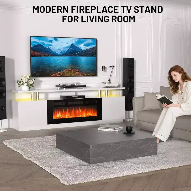 Meuble TV cheminée de 70 pouces avec cheminée électrique de 36 pouces et lumières LED, radiateur de cheminée électrique, meuble de rangement, table console média pour salon