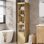 Meuble de salle de bain fin avec portes et étagères ouvertes, idéal pour les petits espaces. Ce meuble haut et étroit sur pied convient aux cuisines