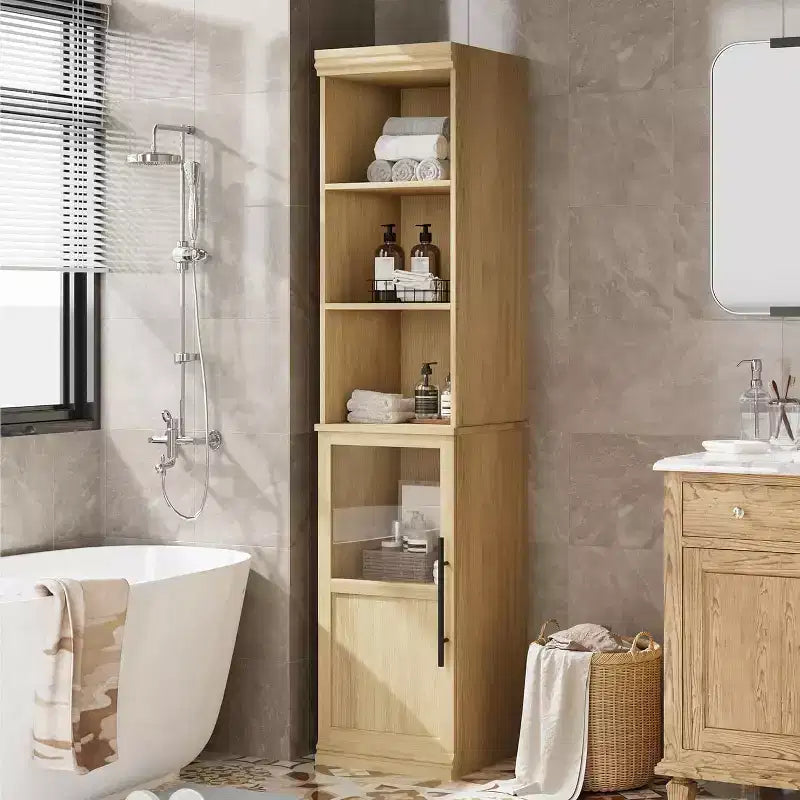 Meuble de salle de bain fin avec portes et étagères ouvertes, idéal pour les petits espaces. Ce meuble haut et étroit sur pied convient aux cuisines