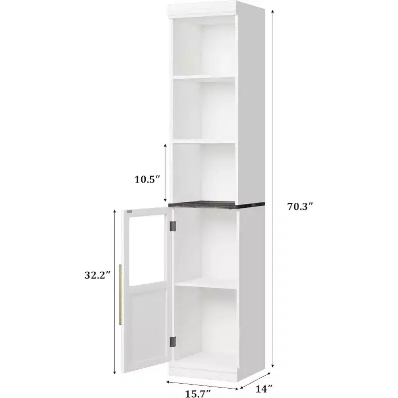 Meuble de salle de bain fin avec portes et étagères ouvertes, idéal pour les petits espaces. Ce meuble haut et étroit sur pied convient aux cuisines