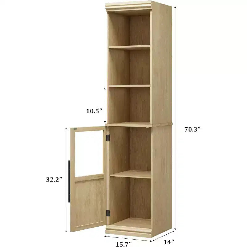 Meuble de salle de bain fin avec portes et étagères ouvertes, idéal pour les petits espaces. Ce meuble haut et étroit sur pied convient aux cuisines