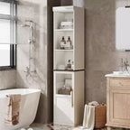 Slim bathroom cabinet with doors and open shelves, ideal for compact spaces. This tall, narrow floor-standing cabinet is suitable for kitchens