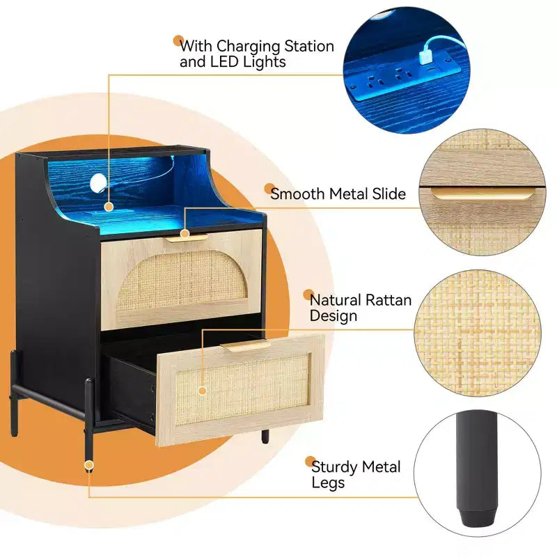 Lot de 2 tables de chevet en rotin et bois – Table de nuit avec station de recharge, lumières LED, ports USB et prises, modernes pour chambre à coucher, salon