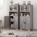 Meuble de salle de bain, Armoire de rangement de style ferme avec portes en verre et étagères réglables, Armoire de cuisine autoportante, Meuble de rangement au sol