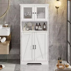 Meuble de salle de bain, Armoire de rangement de style ferme avec portes en verre et étagères réglables, Armoire de cuisine autoportante, Meuble de rangement au sol