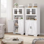 Meuble de salle de bain, Armoire de rangement de style ferme avec portes en verre et étagères réglables, Armoire de cuisine autoportante, Meuble de rangement au sol