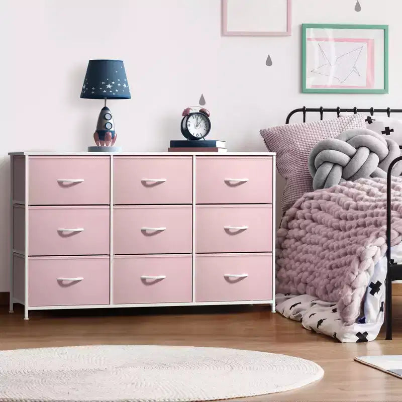 Commode Sorbus à 9 tiroirs - Meuble de rangement avec cadre en acier, plateau en bois, bacs en tissu - pour chambre à coucher, placard, bureau et plus encore.