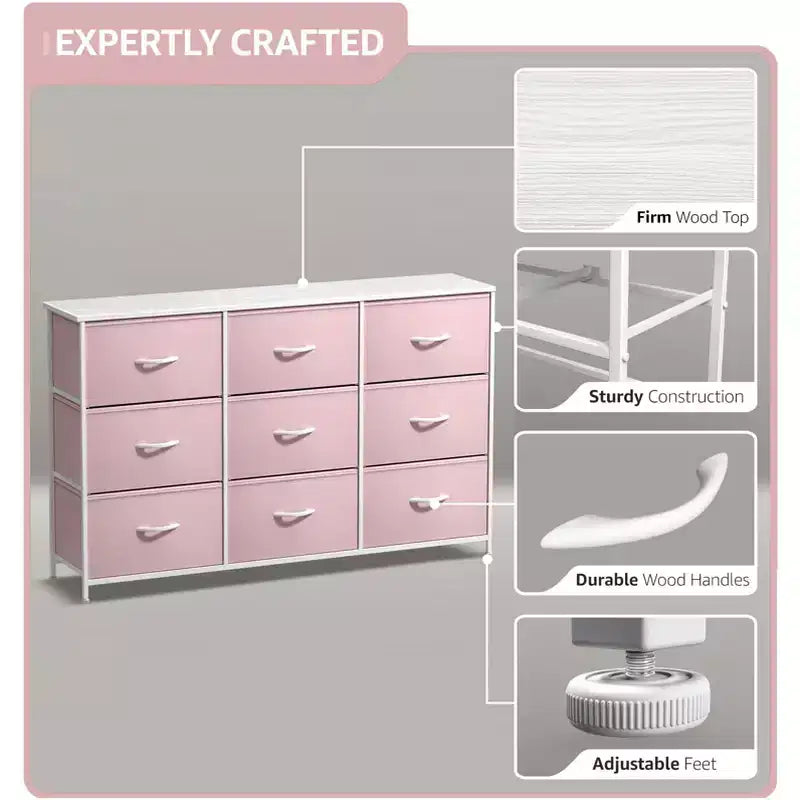 Commode Sorbus à 9 tiroirs - Meuble de rangement avec cadre en acier, plateau en bois, bacs en tissu - pour chambre à coucher, placard, bureau et plus encore.