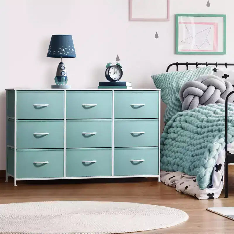 Commode Sorbus à 9 tiroirs - Meuble de rangement avec cadre en acier, plateau en bois, bacs en tissu - pour chambre à coucher, placard, bureau et plus encore.