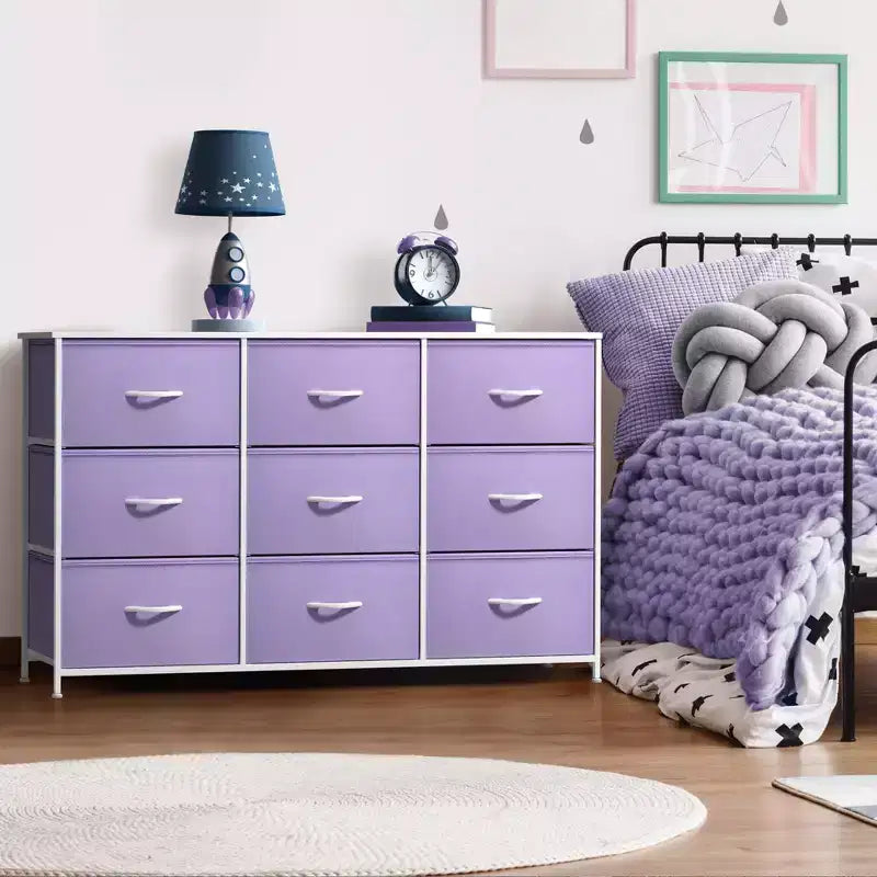 Commode Sorbus à 9 tiroirs - Meuble de rangement avec cadre en acier, plateau en bois, bacs en tissu - pour chambre à coucher, placard, bureau et plus encore.