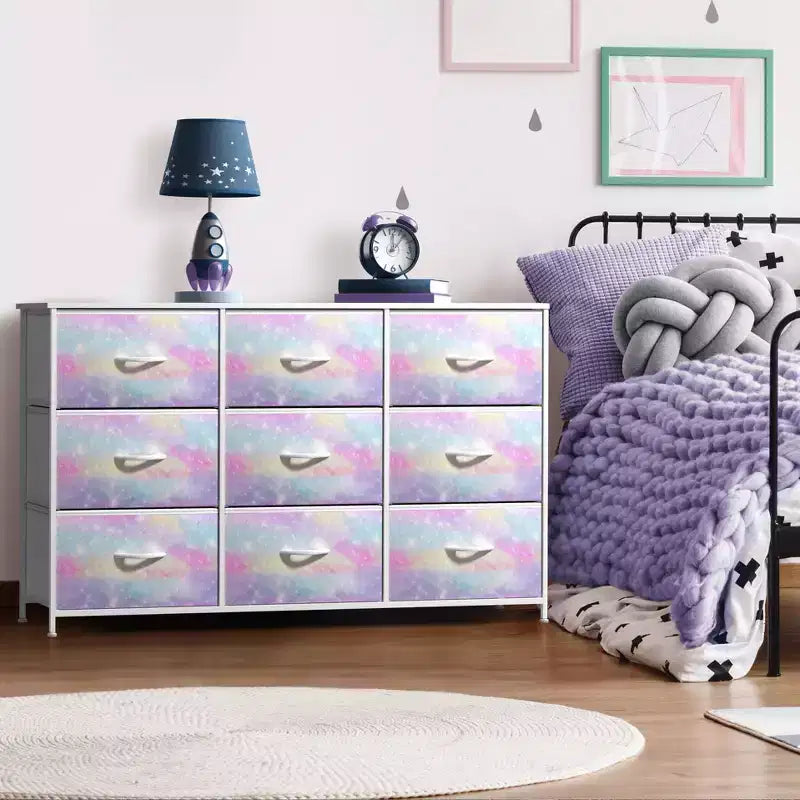 Commode Sorbus à 9 tiroirs - Meuble de rangement avec cadre en acier, plateau en bois, bacs en tissu - pour chambre à coucher, placard, bureau et plus encore.