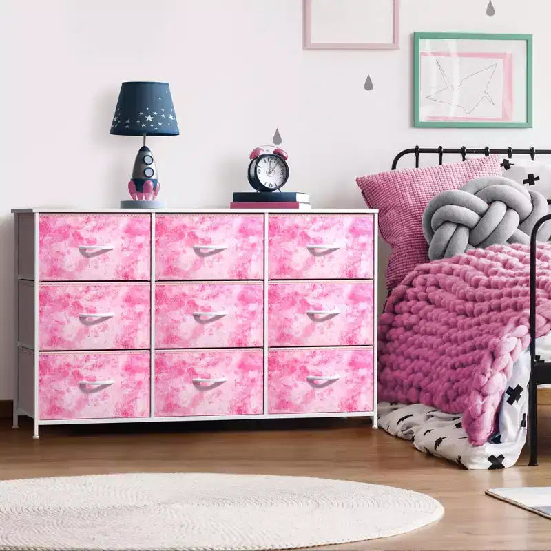 Commode Sorbus à 9 tiroirs - Meuble de rangement avec cadre en acier, plateau en bois, bacs en tissu - pour chambre à coucher, placard, bureau et plus encore.