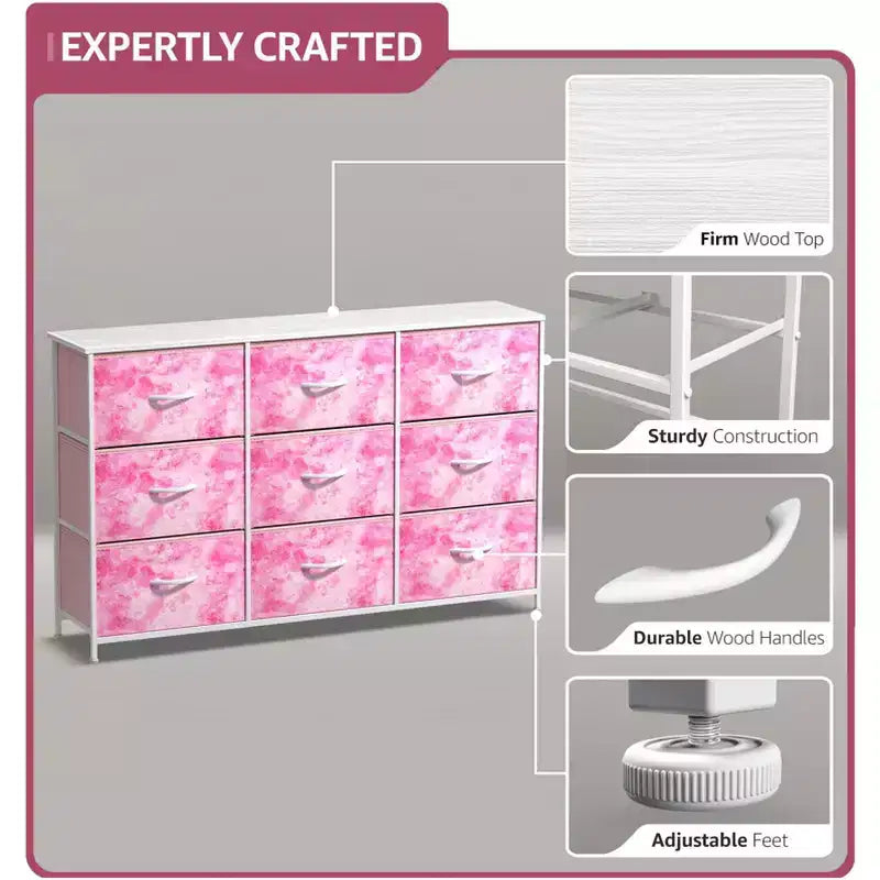 Commode Sorbus à 9 tiroirs - Meuble de rangement avec cadre en acier, plateau en bois, bacs en tissu - pour chambre à coucher, placard, bureau et plus encore.