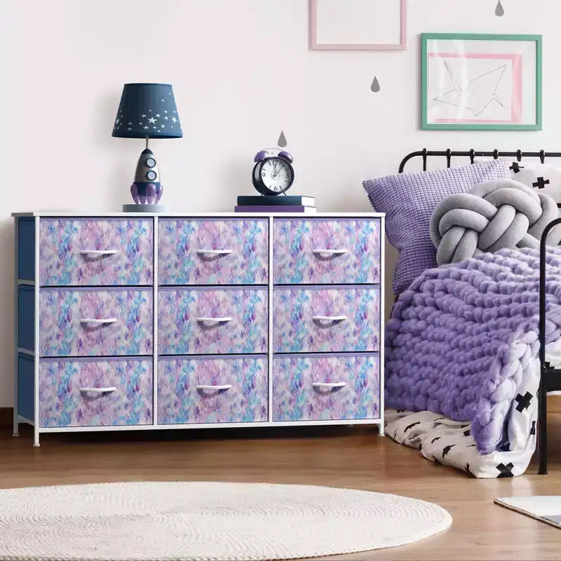 Commode Sorbus à 9 tiroirs - Meuble de rangement avec cadre en acier, plateau en bois, bacs en tissu - pour chambre à coucher, placard, bureau et plus encore.