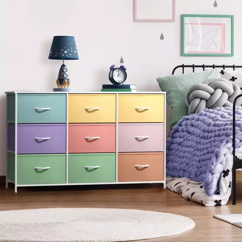 Commode Sorbus à 9 tiroirs - Meuble de rangement avec cadre en acier, plateau en bois, bacs en tissu - pour chambre à coucher, placard, bureau et plus encore.