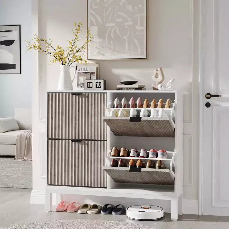 Meuble à chaussures moderne à 4 tiroirs basculants, meuble de rangement étroit pour chaussures avec cannelures,