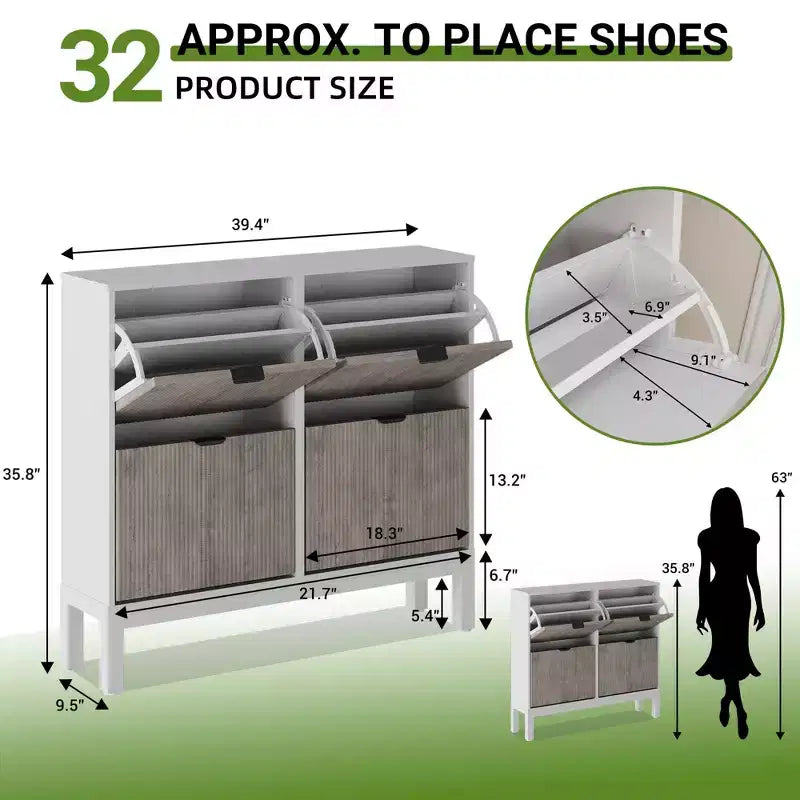 Meuble à chaussures moderne à 4 tiroirs basculants, meuble de rangement étroit pour chaussures avec cannelures,
