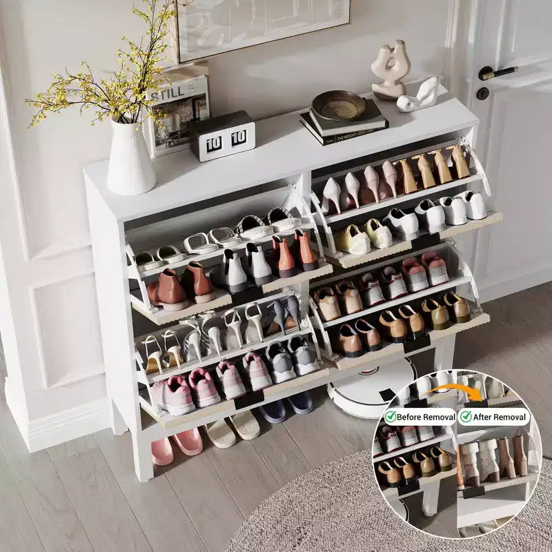 Meuble à chaussures moderne à 4 tiroirs basculants, meuble de rangement étroit pour chaussures avec cannelures,