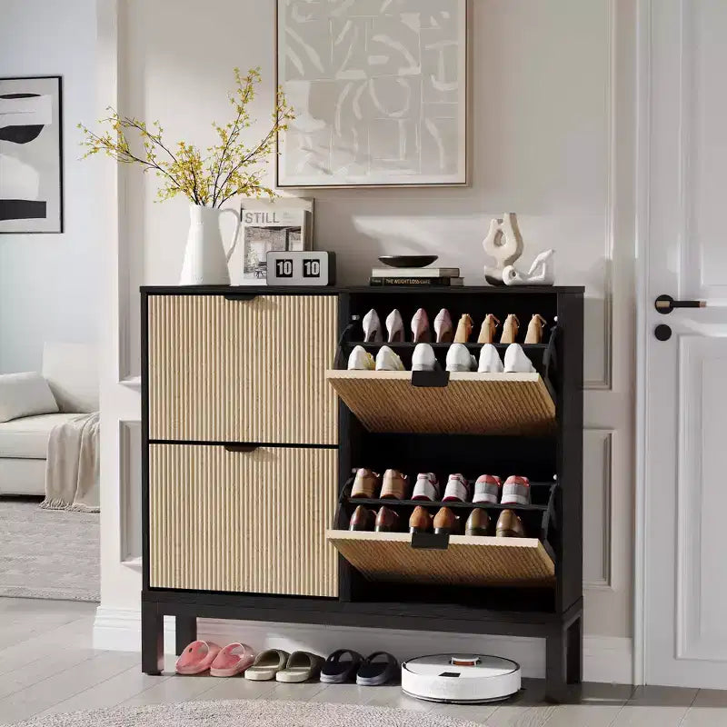 Meuble à chaussures moderne à 4 tiroirs basculants, meuble de rangement étroit pour chaussures avec cannelures,