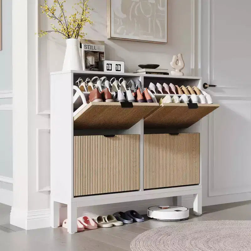 Meuble à chaussures moderne à 4 tiroirs basculants, meuble de rangement étroit pour chaussures avec cannelures,