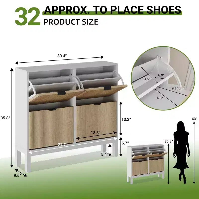 Meuble à chaussures moderne à 4 tiroirs basculants, meuble de rangement étroit pour chaussures avec cannelures,