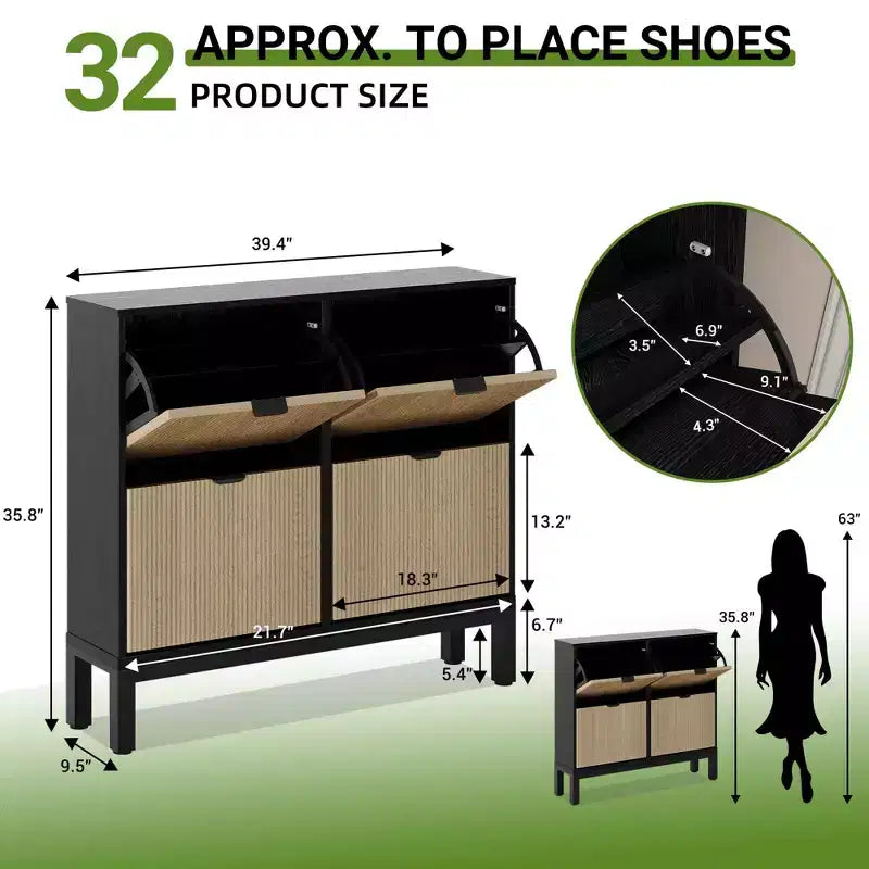 Meuble à chaussures moderne à 4 tiroirs basculants, meuble de rangement étroit pour chaussures avec cannelures,