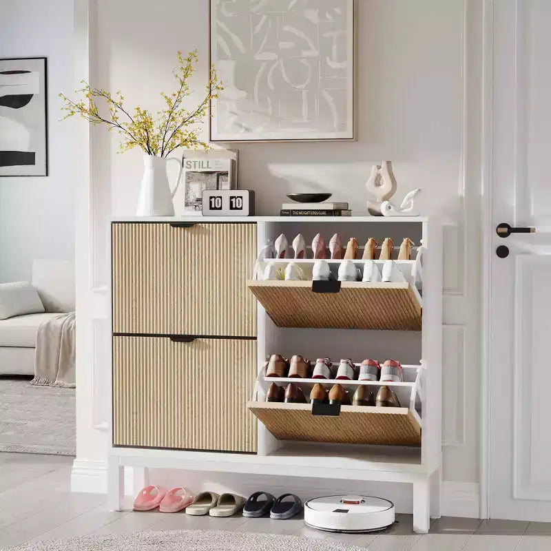 Meuble à chaussures moderne à 4 tiroirs basculants, meuble de rangement étroit pour chaussures avec cannelures,