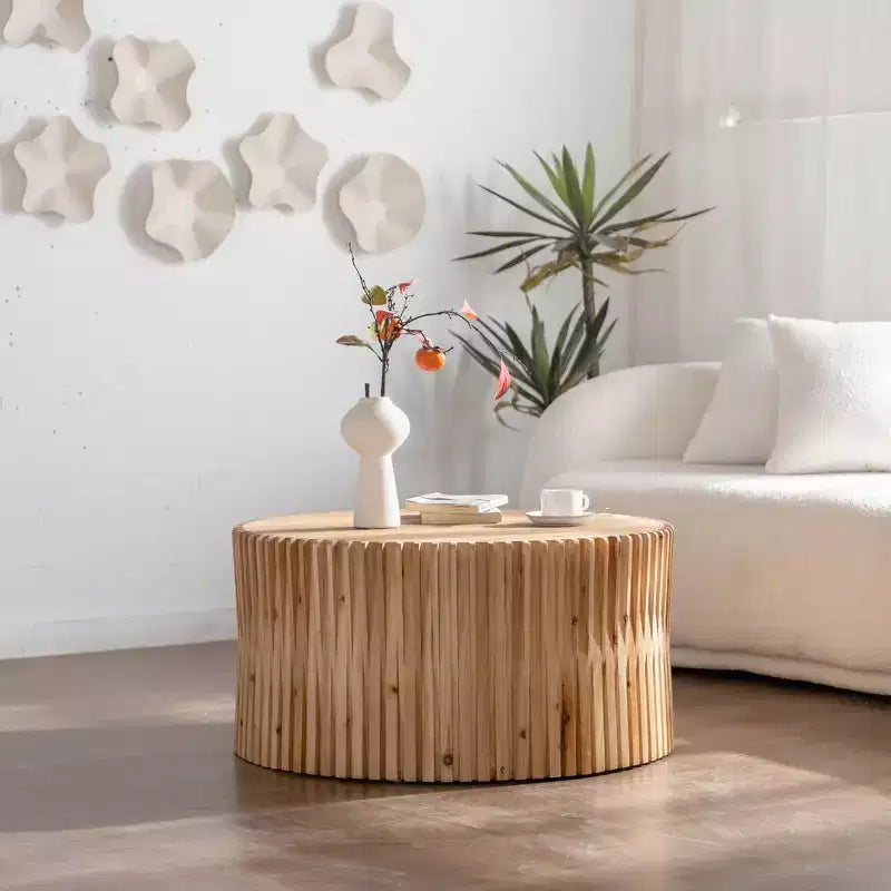 Table basse ronde en bois, table d'appoint style souche d'arbre avec design texturé vertical, table d'appoint cylindrique pour la maison