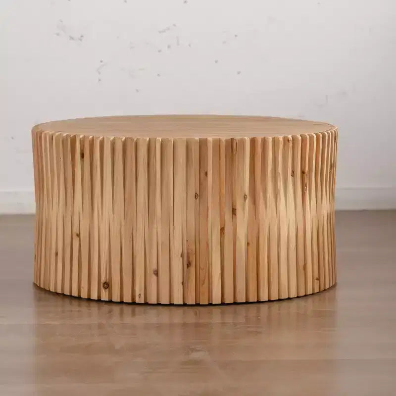 Table basse ronde en bois, table d'appoint style souche d'arbre avec design texturé vertical, table d'appoint cylindrique pour la maison