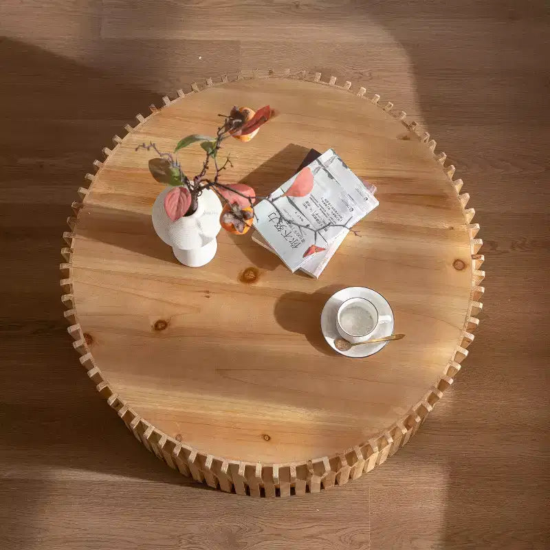 Table basse ronde en bois, table d'appoint style souche d'arbre avec design texturé vertical, table d'appoint cylindrique pour la maison