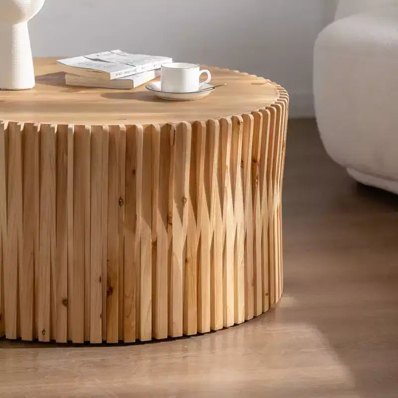 Table basse ronde en bois, table d'appoint style souche d'arbre avec design texturé vertical, table d'appoint cylindrique pour la maison