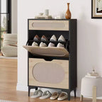 Rattan shoe cabinet with 2 flip-top drawers and 1 pull-out drawer, three adjustable shelves, designed for narrow entryways and hallways.
