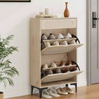 Meuble à chaussures en rotin avec 2 tiroirs basculants et 1 tiroir coulissant, trois étagères réglables, conçu pour les entrées et couloirs étroits.