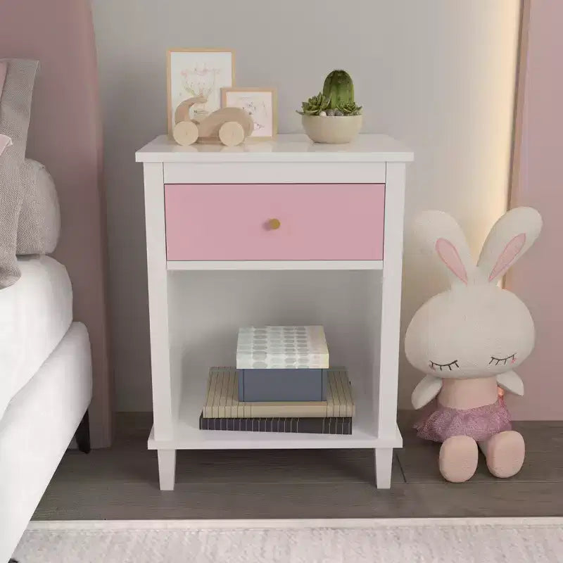 Table de chevet en bois rose avec 1 tiroir et 1 étagère pour enfants et adultes